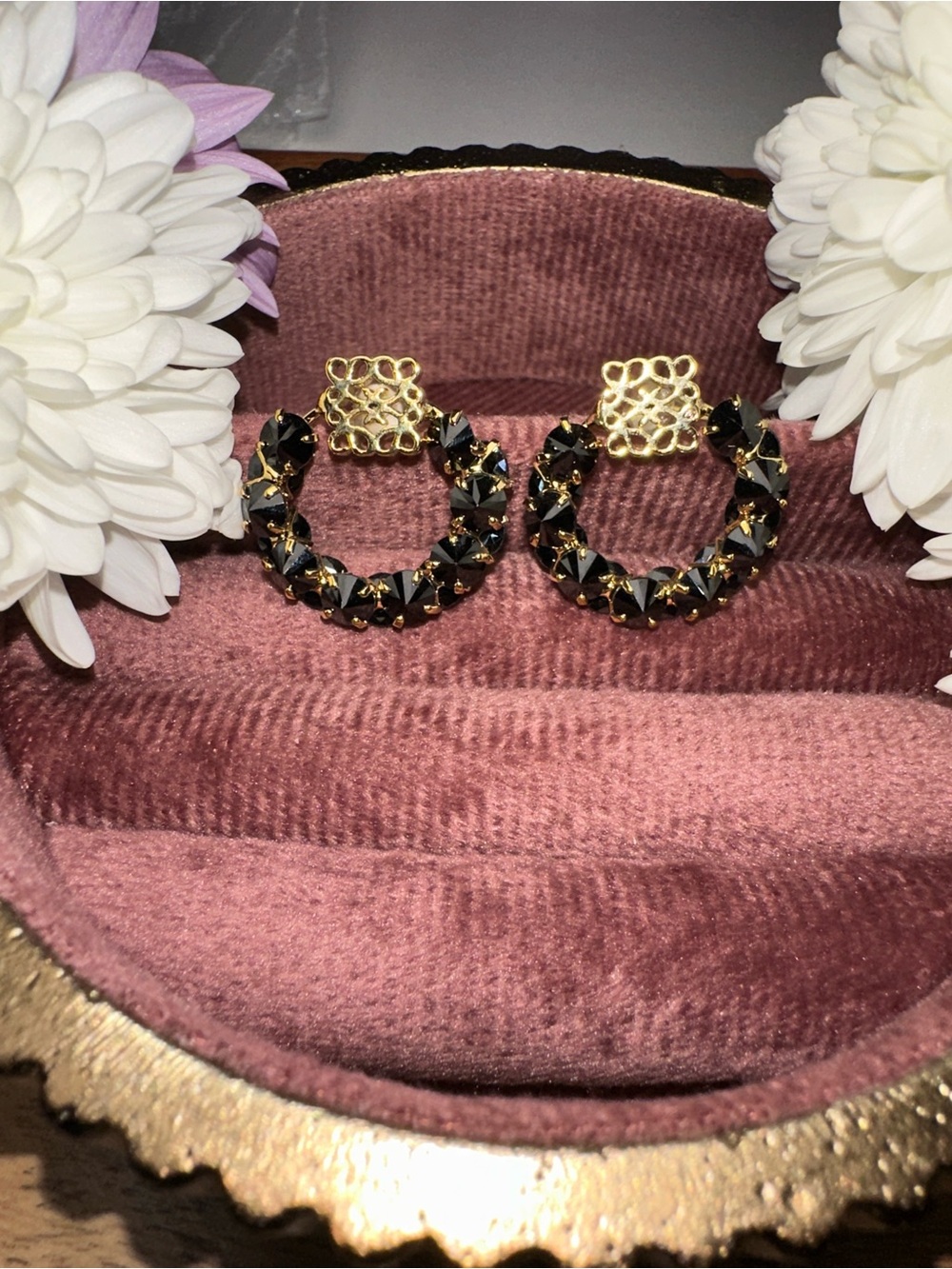 Gold and Black Crystal Hoop Earrings - Women Jewelry